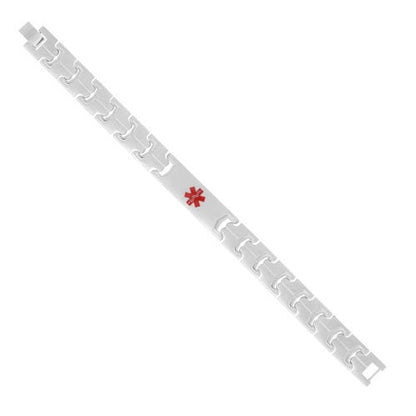 A stainless steel medical id bracelet displayed on a neutral white background.