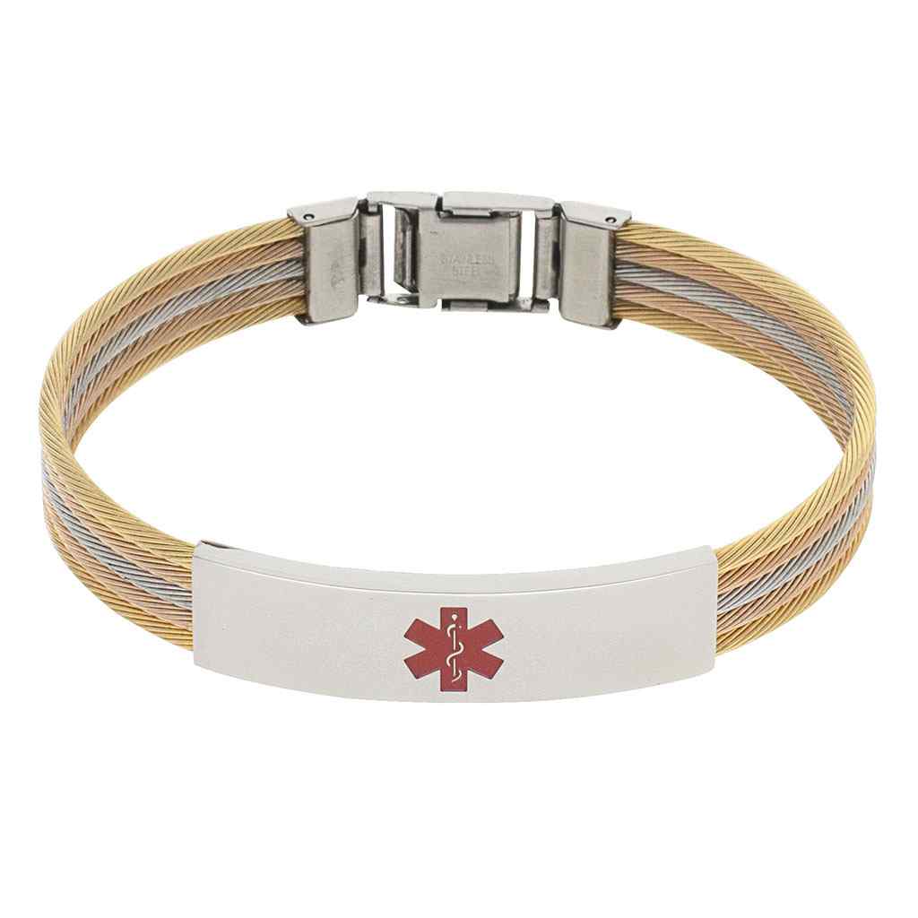 A stainless steel medical id bracelet with gold rose & gold pvd finish displayed on a neutral white background.