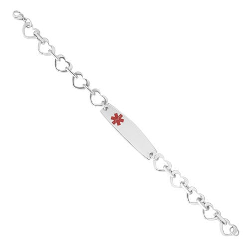 A stainless steel medical id with heart bracelet displayed on a neutral white background.