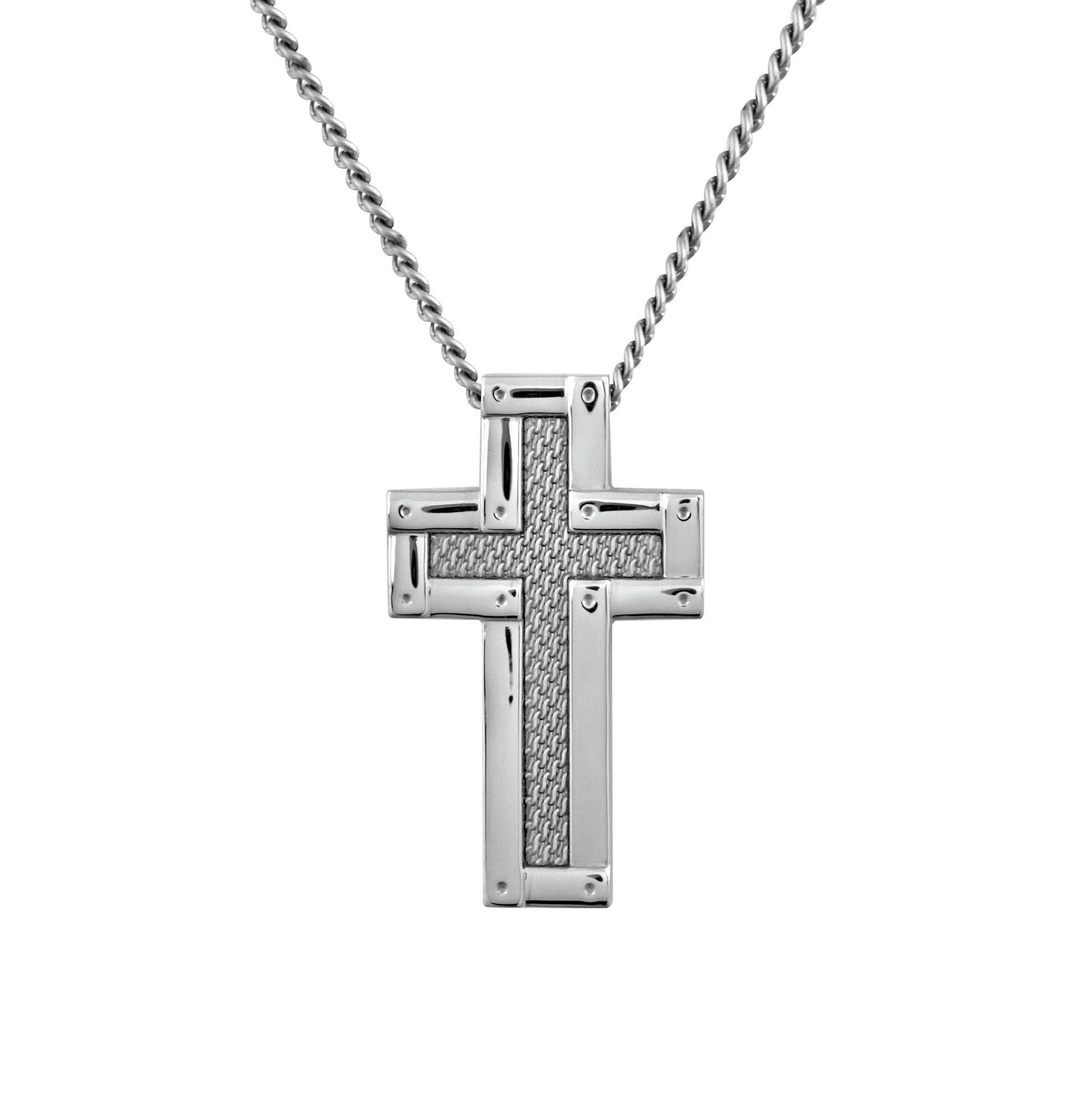 A stainless steel mesh accent cross necklace on 24" chain displayed on a neutral white background.