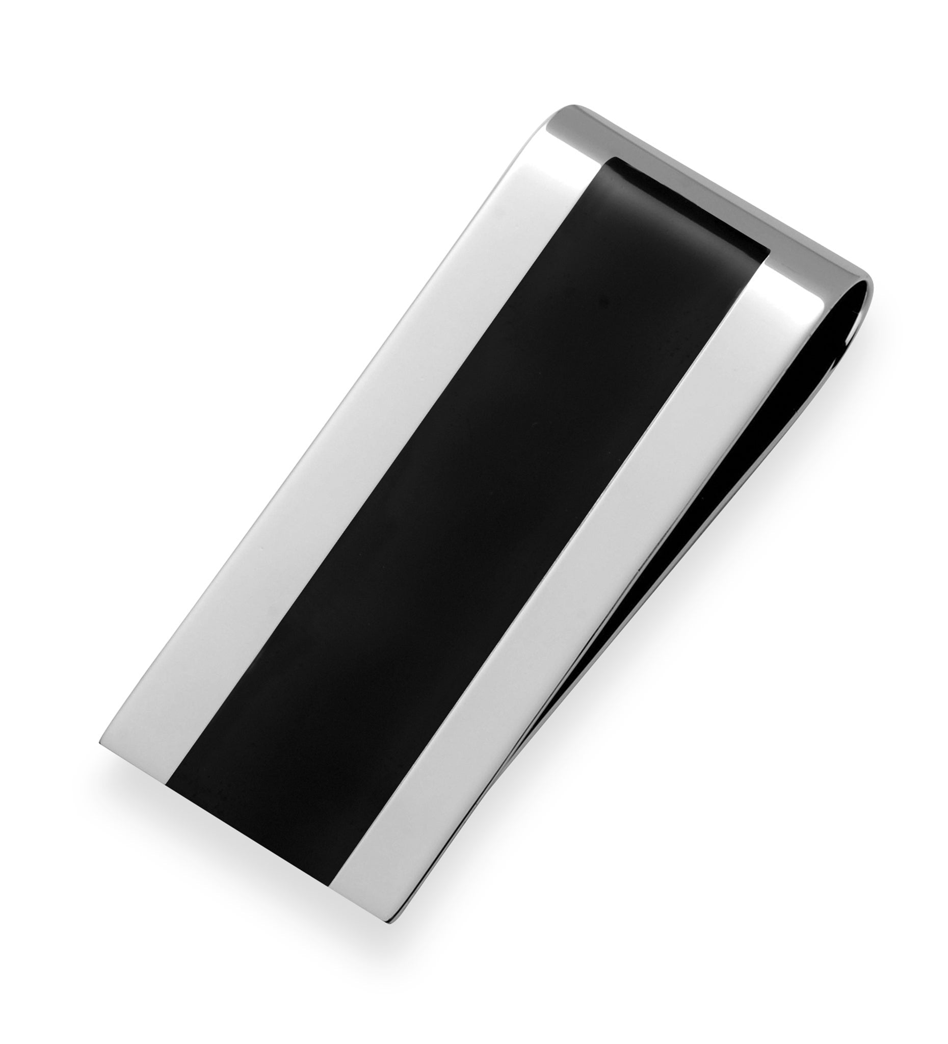A stainless steel money clip with black center stripe displayed on a neutral white background.