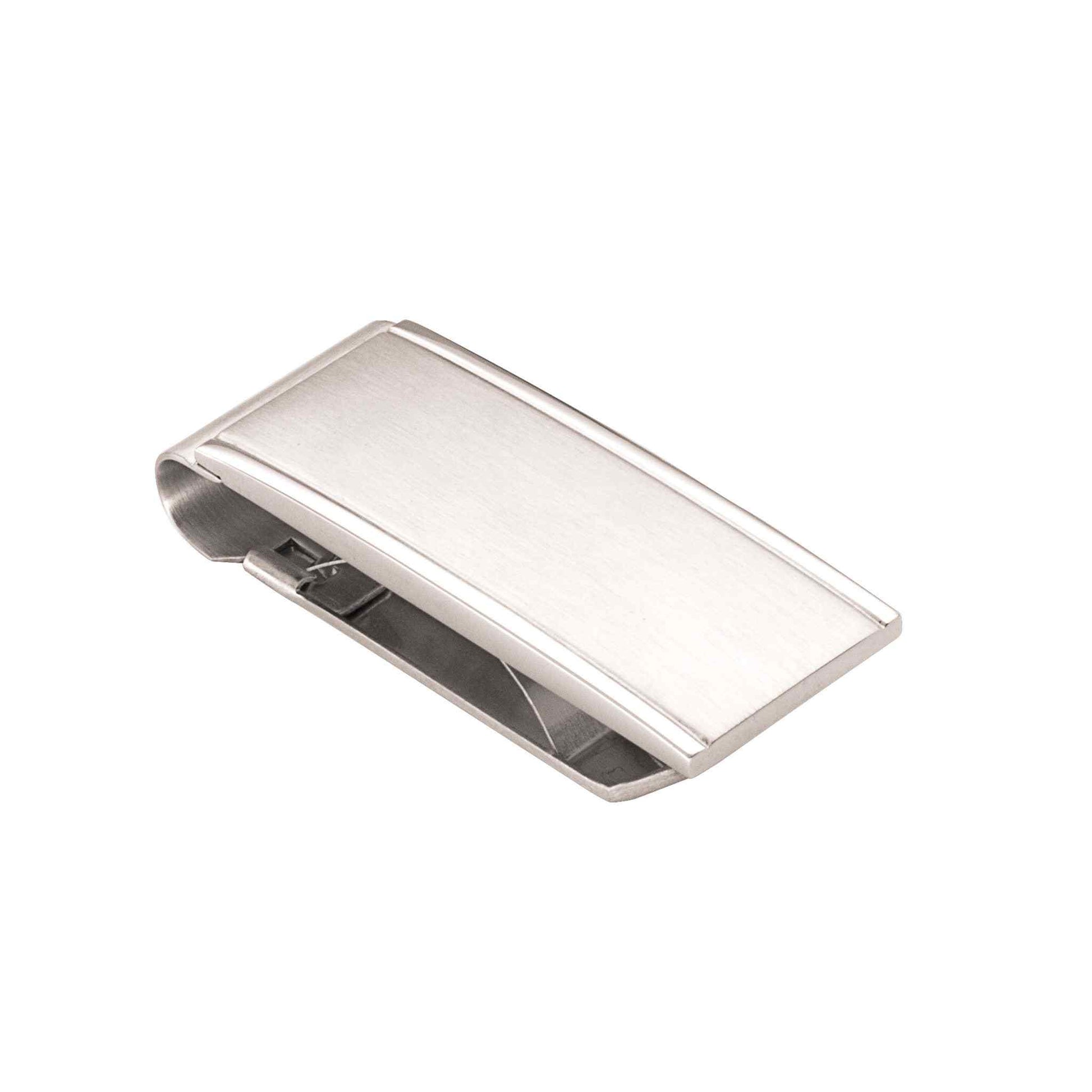 A stainless steel money clip with lined edge displayed on a neutral white background.