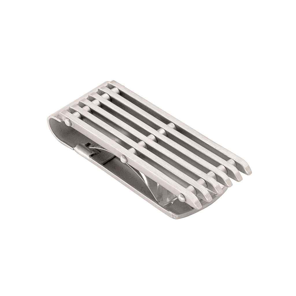 A stainless steel money clip with slats displayed on a neutral white background.