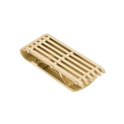 A stainless steel money clip with slats displayed on a neutral white background.