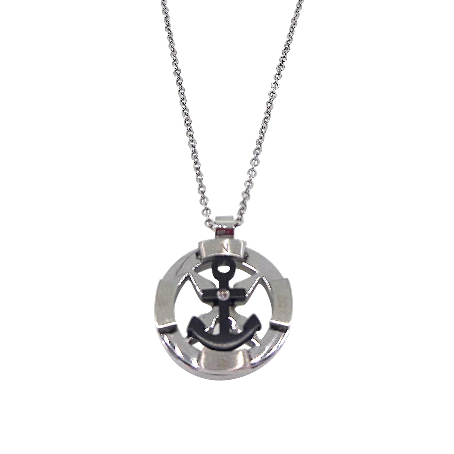 A stainless steel nautical compass and black anchor with simulated diamond on chain displayed on a neutral white background.