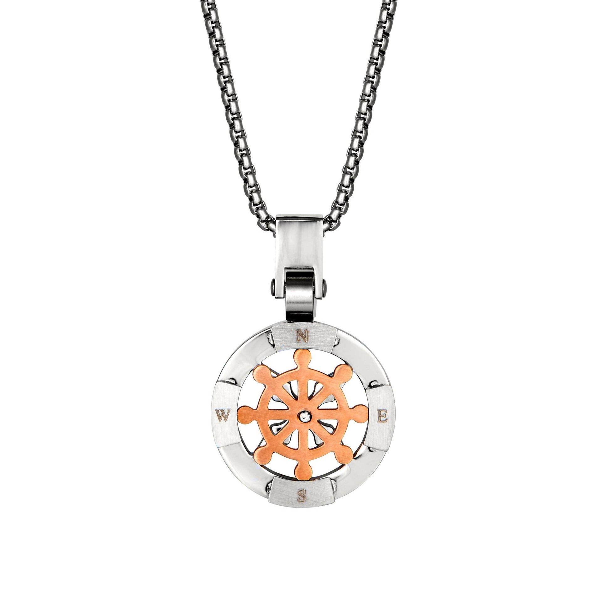 A stainless steel nautical compass & gold wheel men's necklace displayed on a neutral white background.
