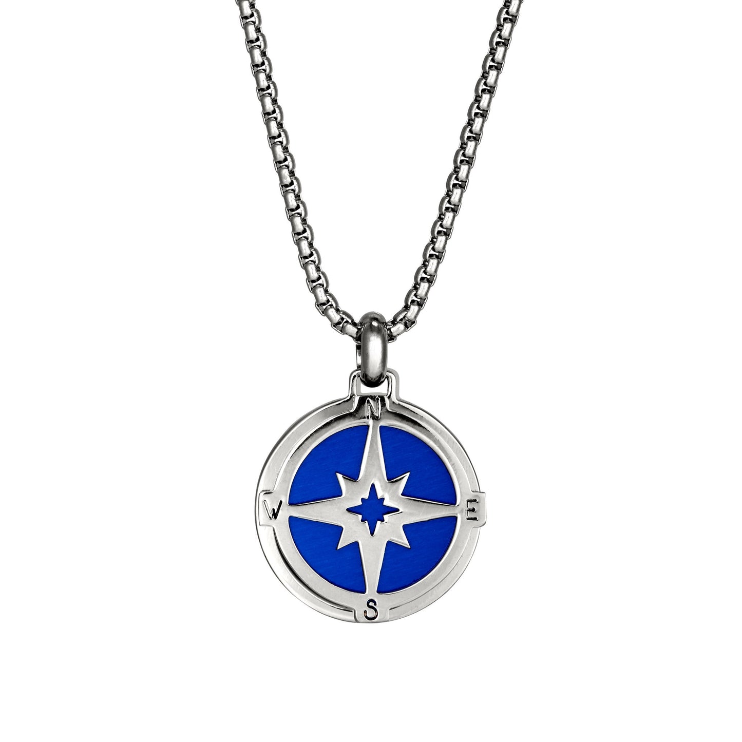 A blue & silver stainless steel nautical compass men's necklace displayed on a neutral white background.