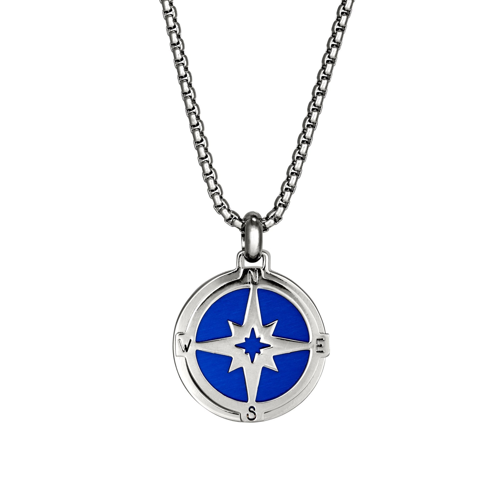 A blue & silver stainless steel nautical compass men's necklace displayed on a neutral white background.