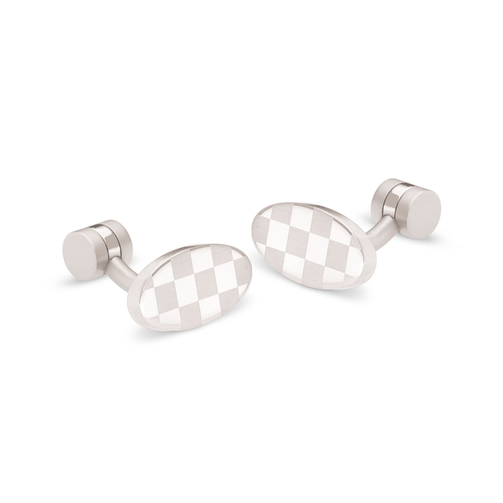 A stainless steel oval checkerboard cufflinks displayed on a neutral white background.
