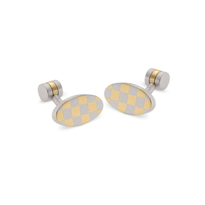 A stainless steel oval checkerboard cufflinks displayed on a neutral white background.