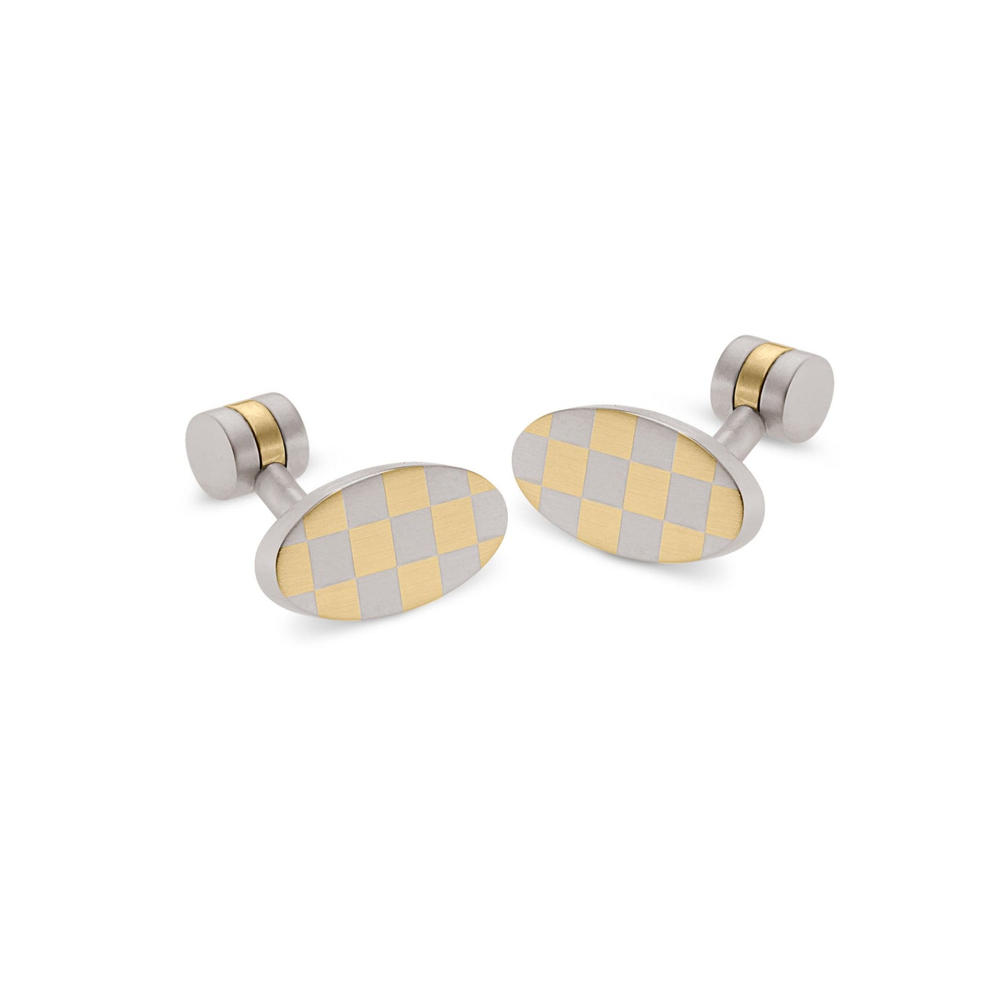 A stainless steel oval checkerboard cufflinks displayed on a neutral white background.