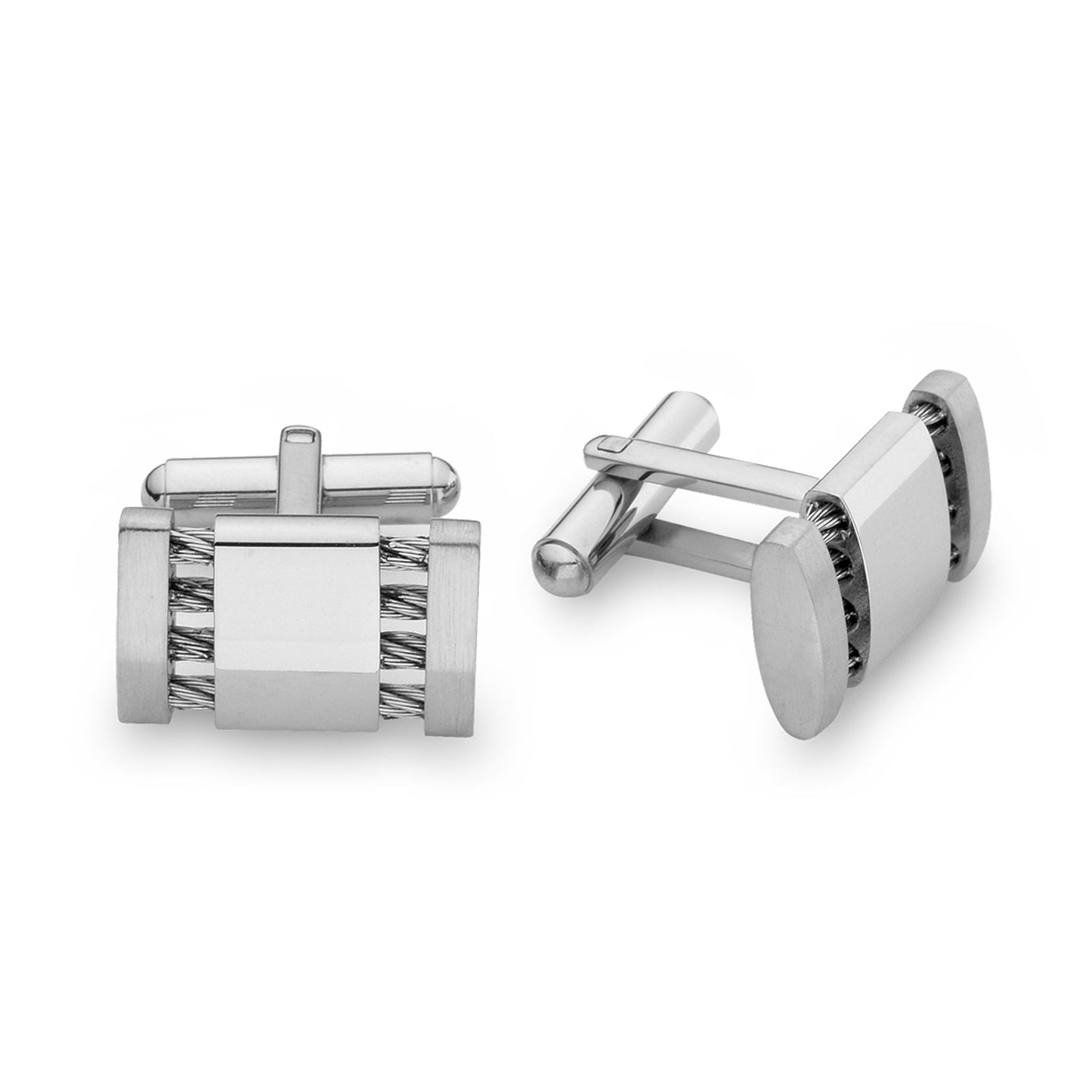 A stainless steel pierced cable cufflinks displayed on a neutral white background.