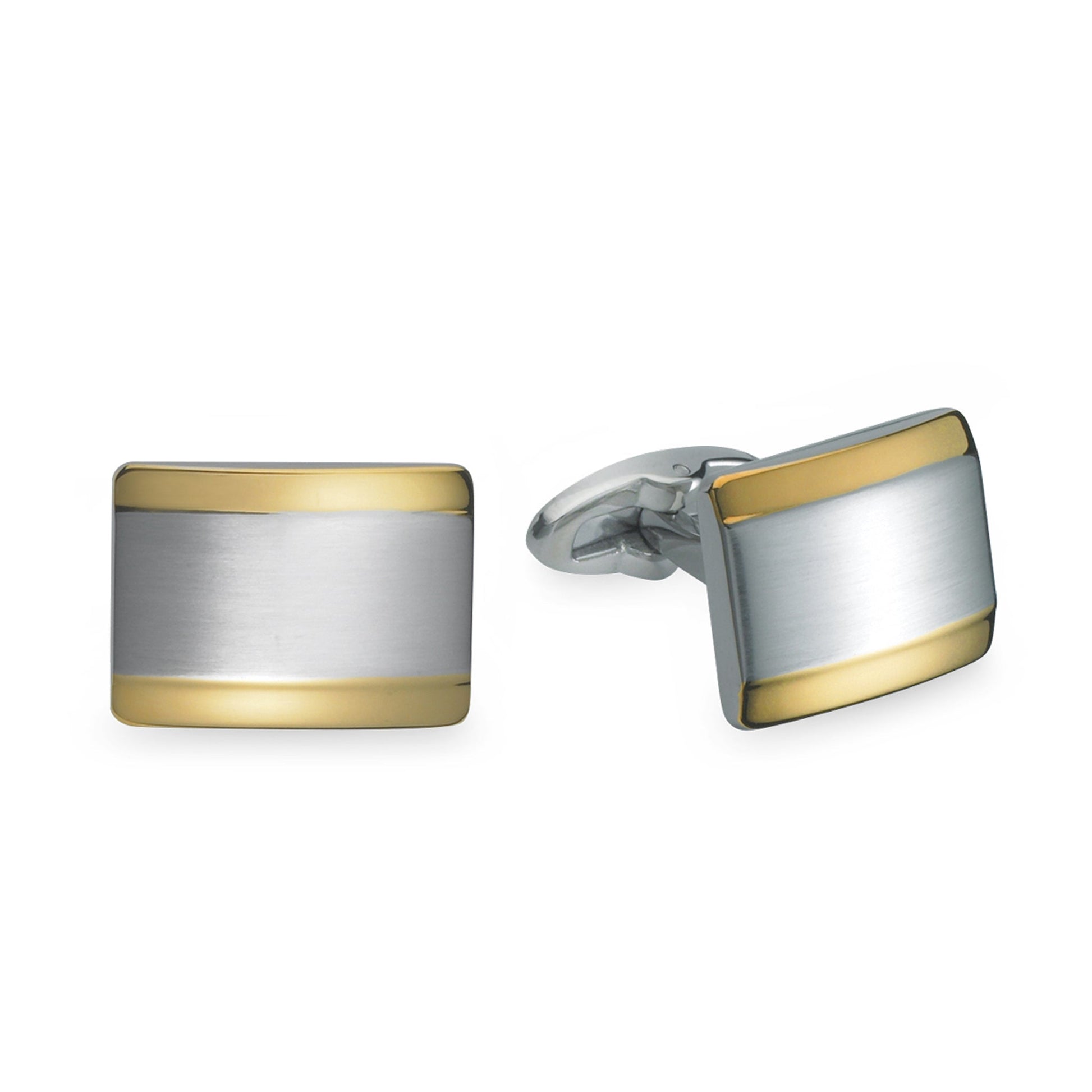 A stainless steel rectangle two tone gold & silver cufflinks displayed on a neutral white background.