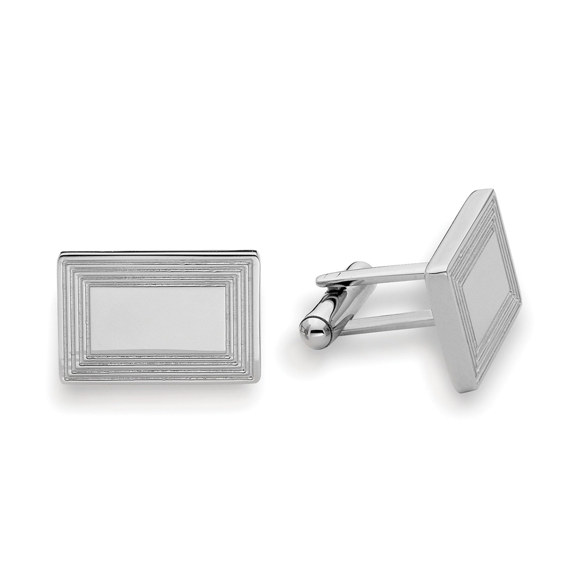 A stainless steel rectangle cufflinks with 3-line frame displayed on a neutral white background.