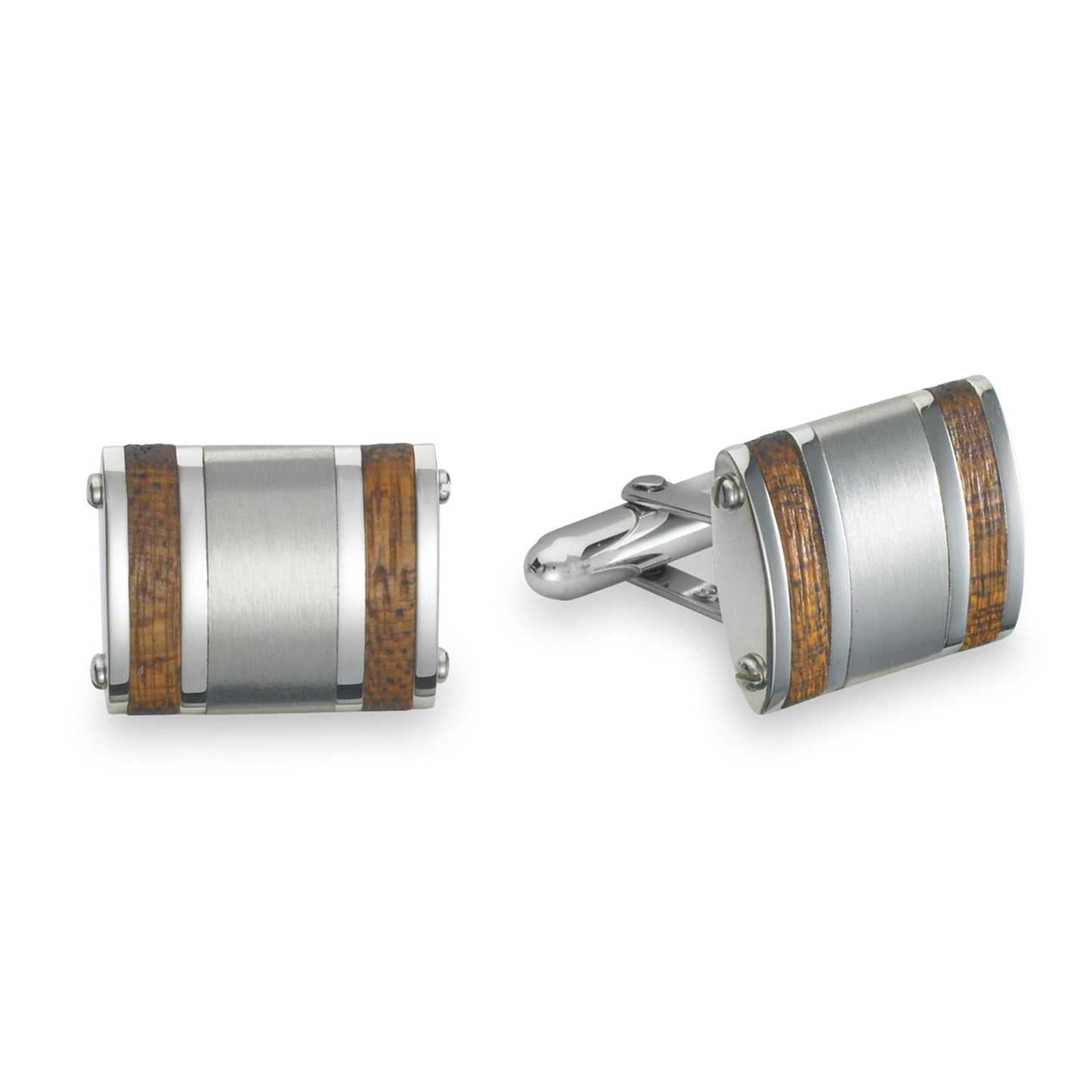 A stainless steel rectangle cufflinks with wood bars displayed on a neutral white background.