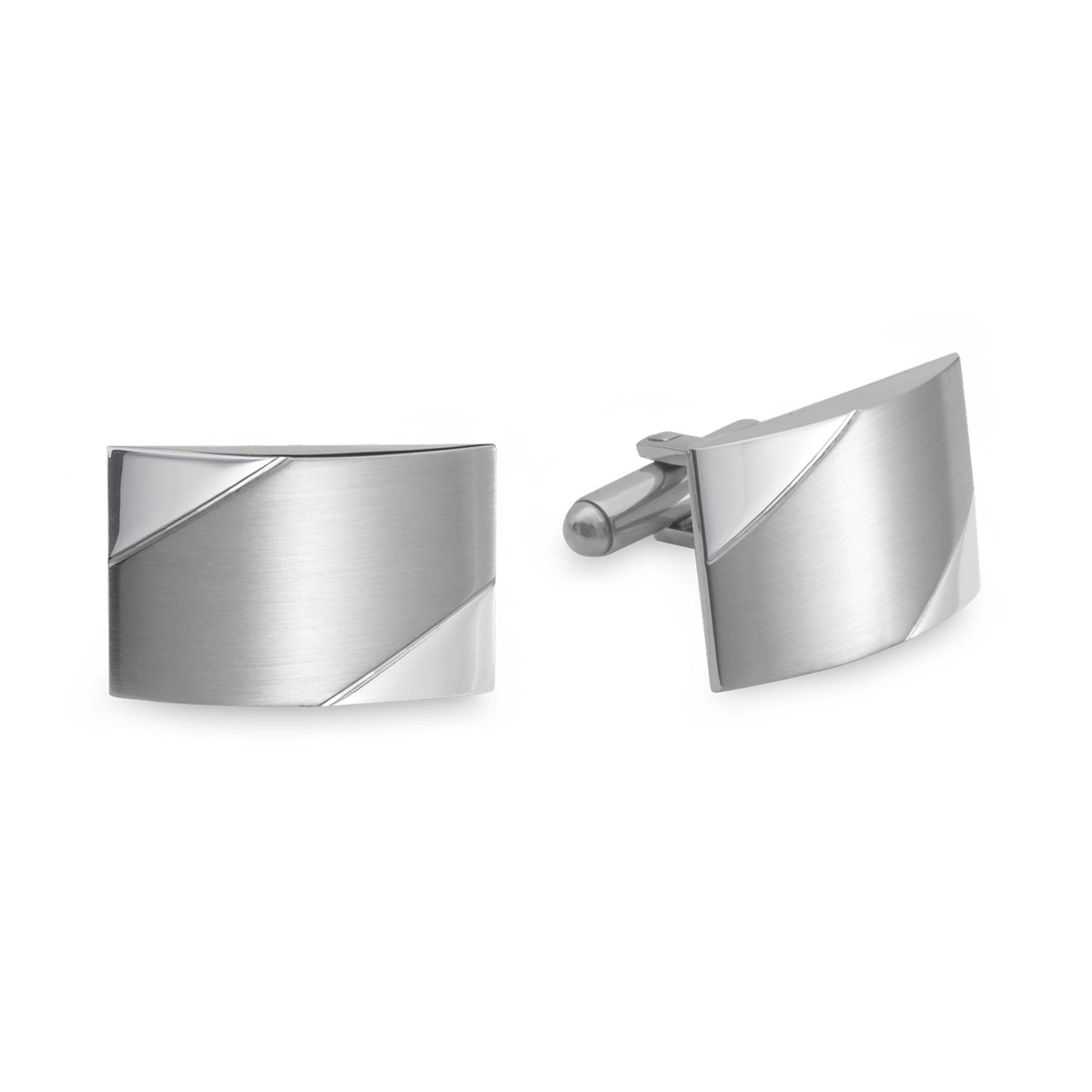 A stainless steel rectangle polished & matte cufflinks displayed on a neutral white background.
