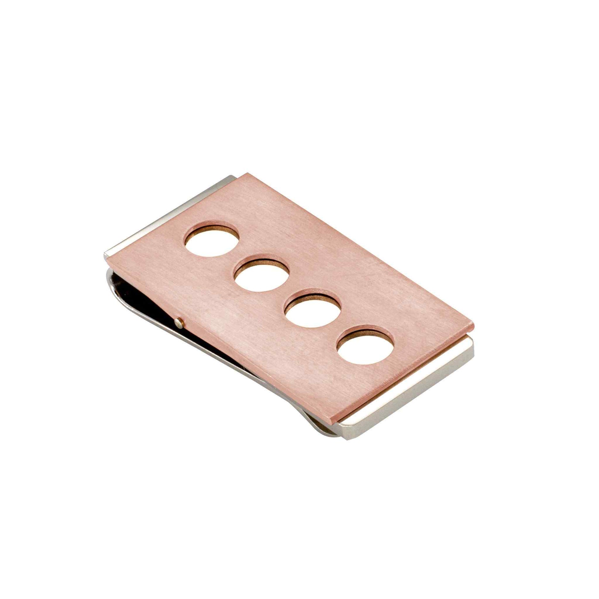 A stainless steel and rose gold pvd cut out circle money clip displayed on a neutral white background.
