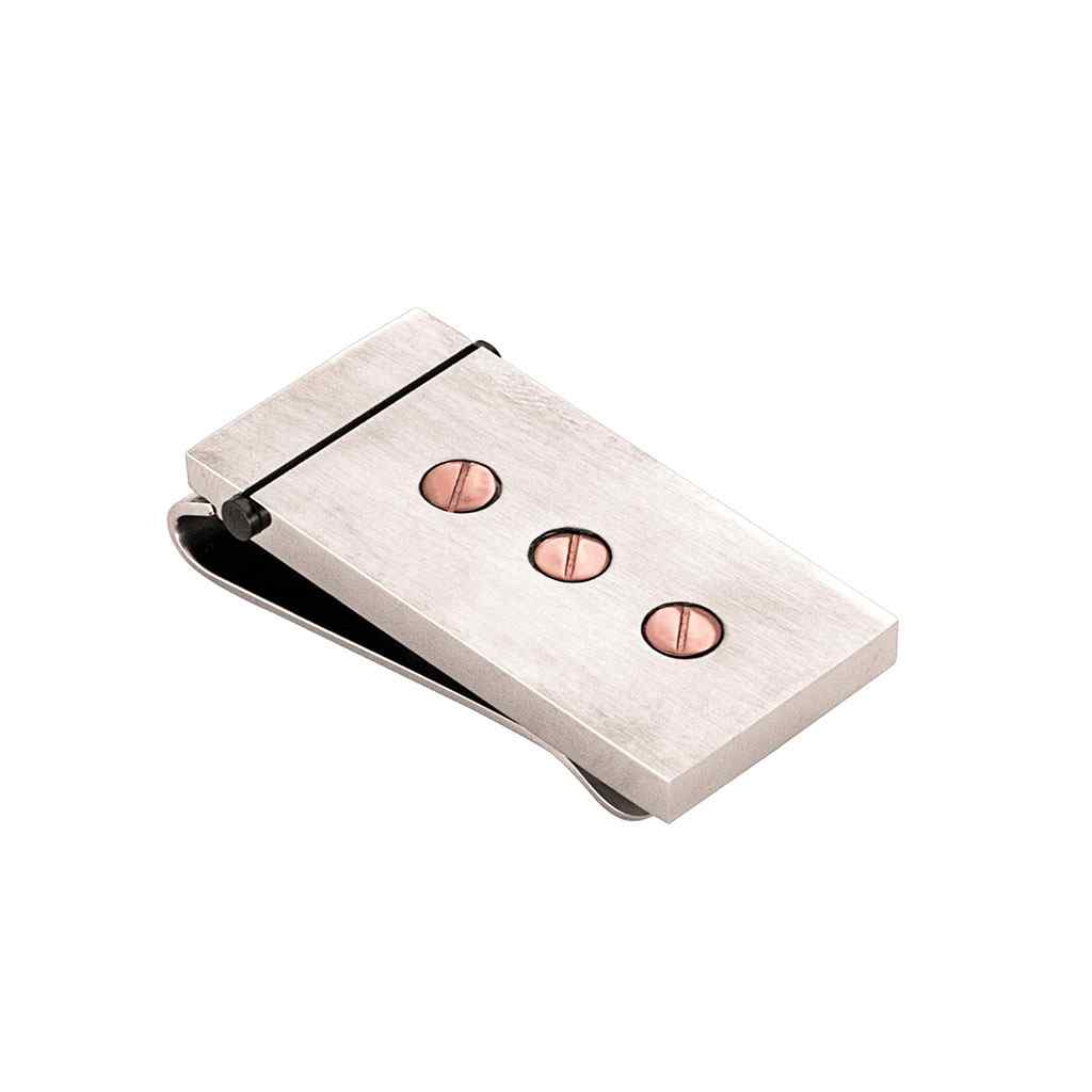 A stainless steel and rose gold pvd screw money clip displayed on a neutral white background.