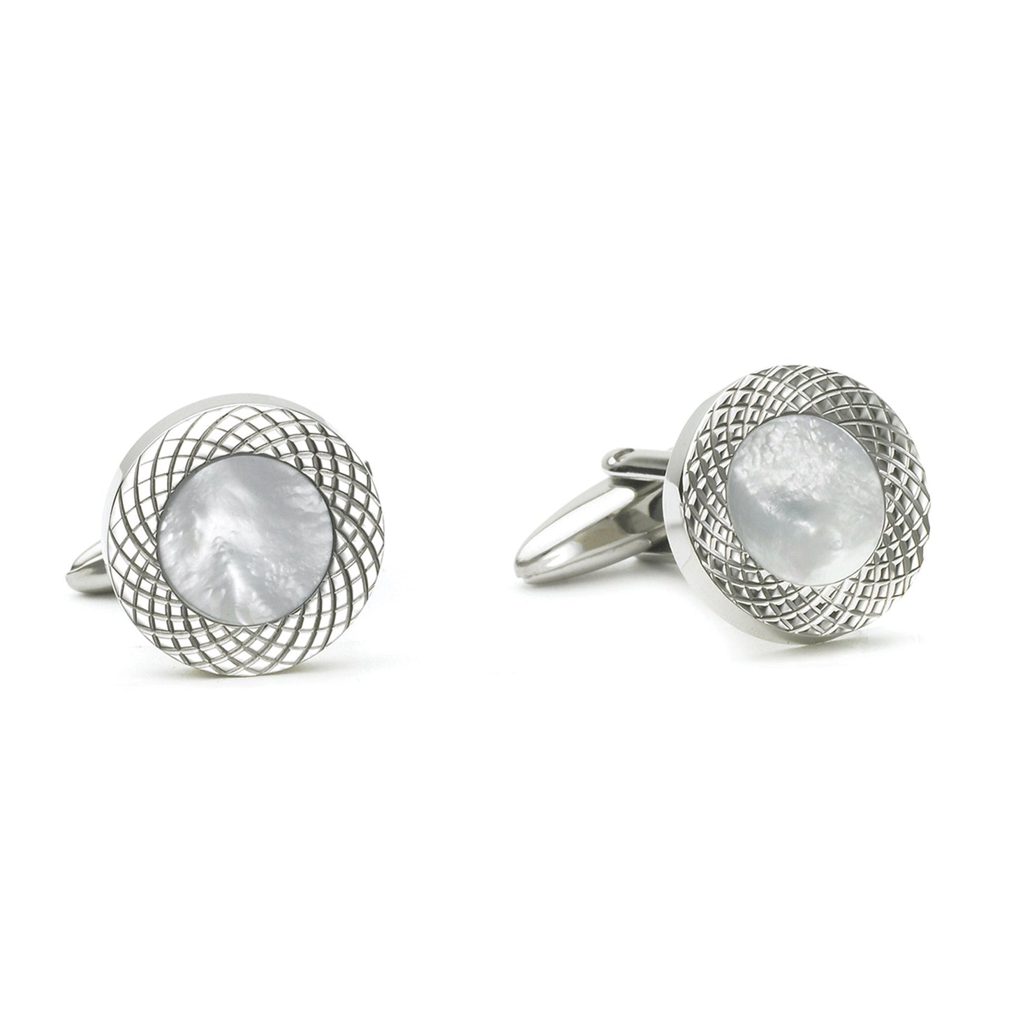 A stainless steel round cufflinks with mother of pearl displayed on a neutral white background.