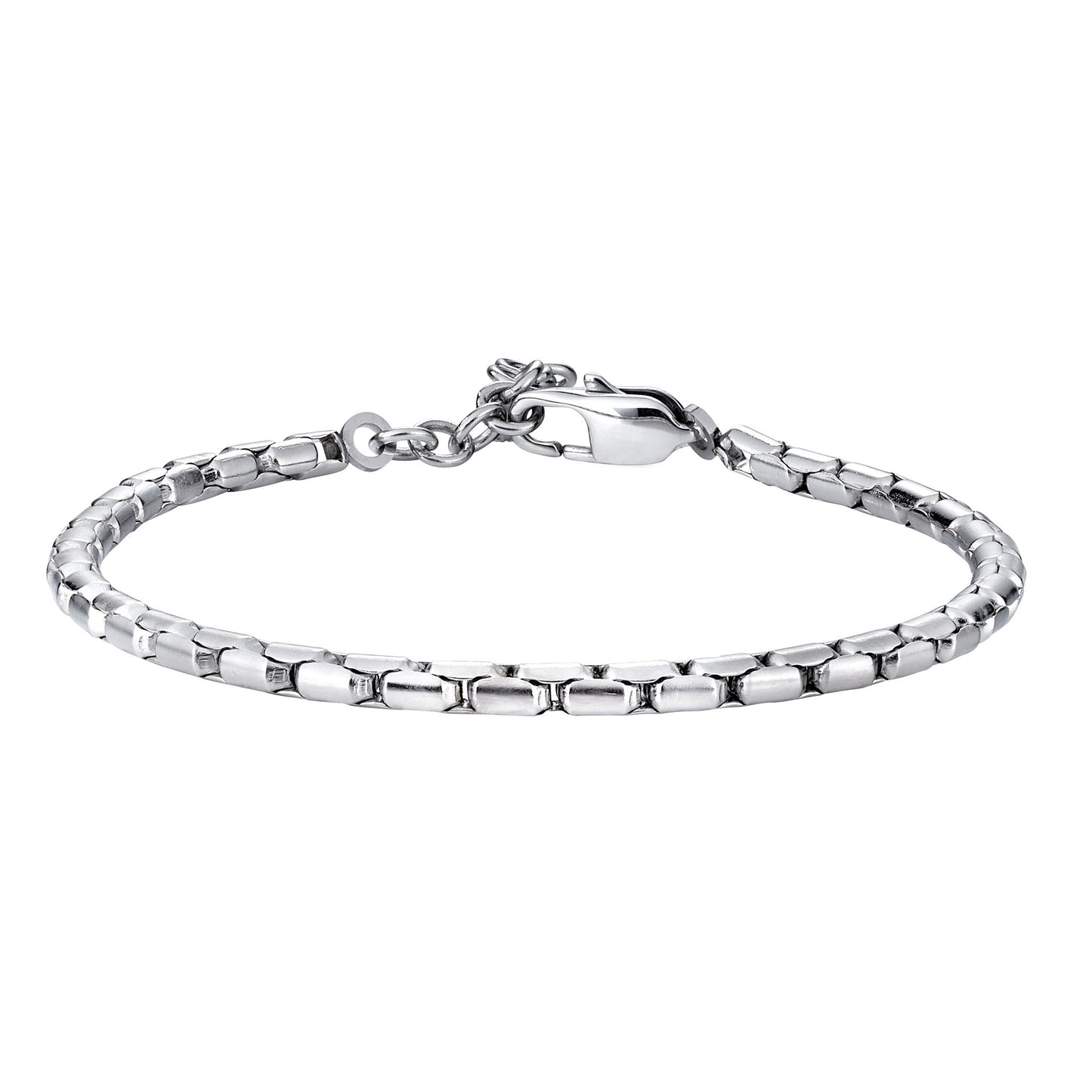 A stainless steel rounded box link men's bracelet displayed on a neutral white background.