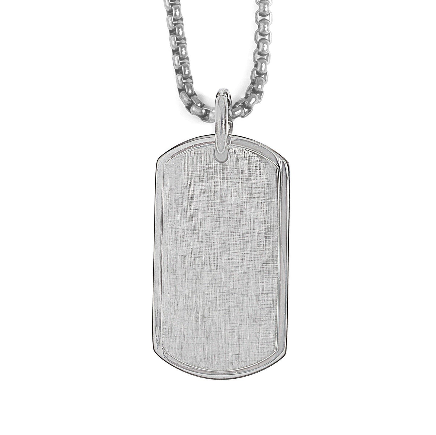 A stainless steel satin finish dog tags on chain displayed on a neutral white background.