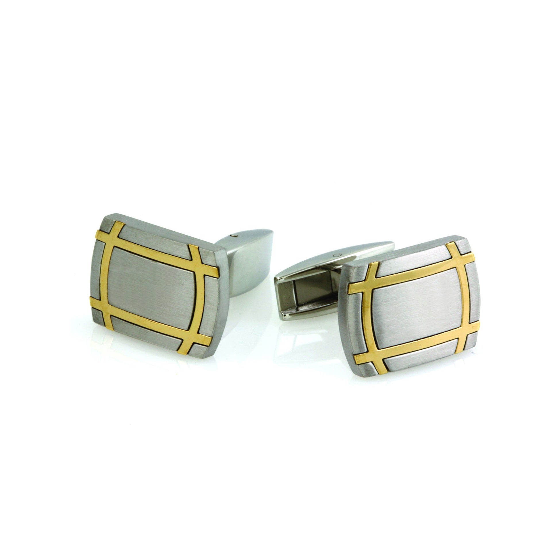 A stainless steel satin finish cufflinks with gold-tone geometric displayed on a neutral white background.