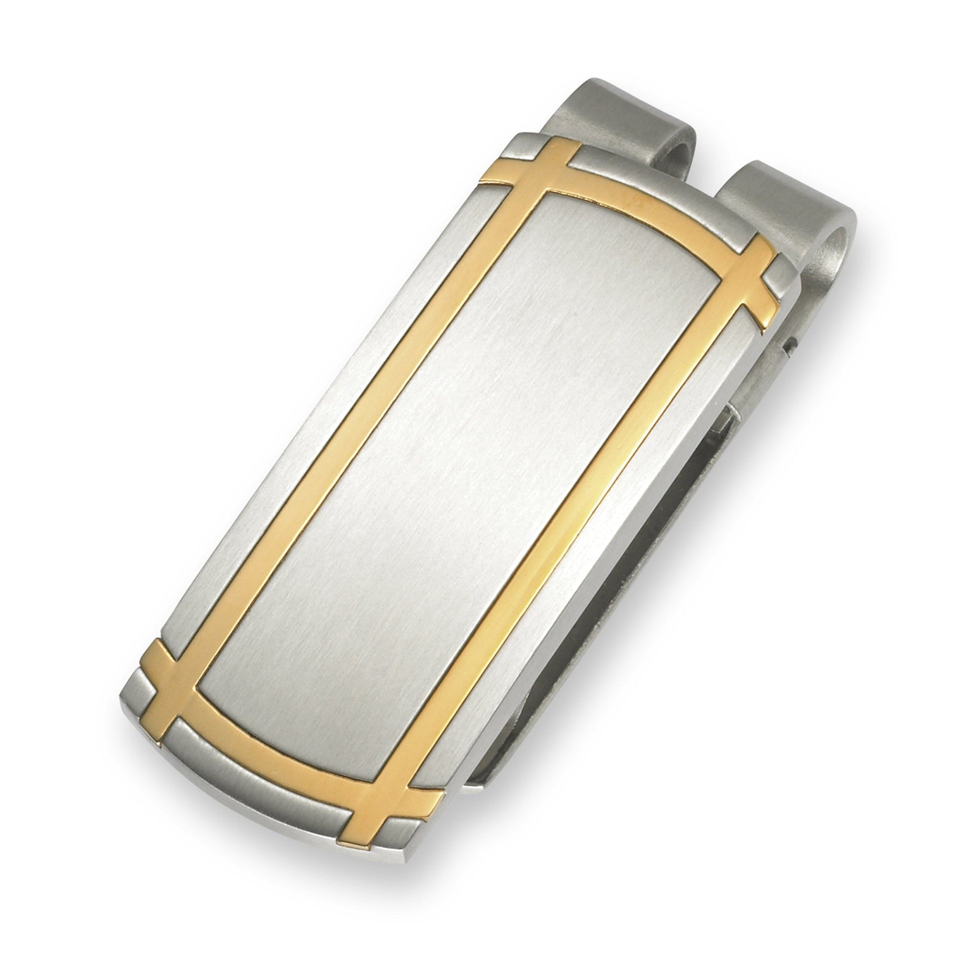 A stainless steel satined money clip with gold-tone geometric bands displayed on a neutral white background.