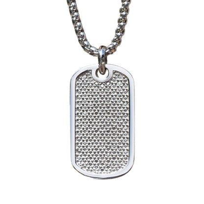 A stainless steel simulated diamonds dog tags on chain displayed on a neutral white background.