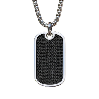 A stainless steel simulated diamonds dog tags on chain displayed on a neutral white background.