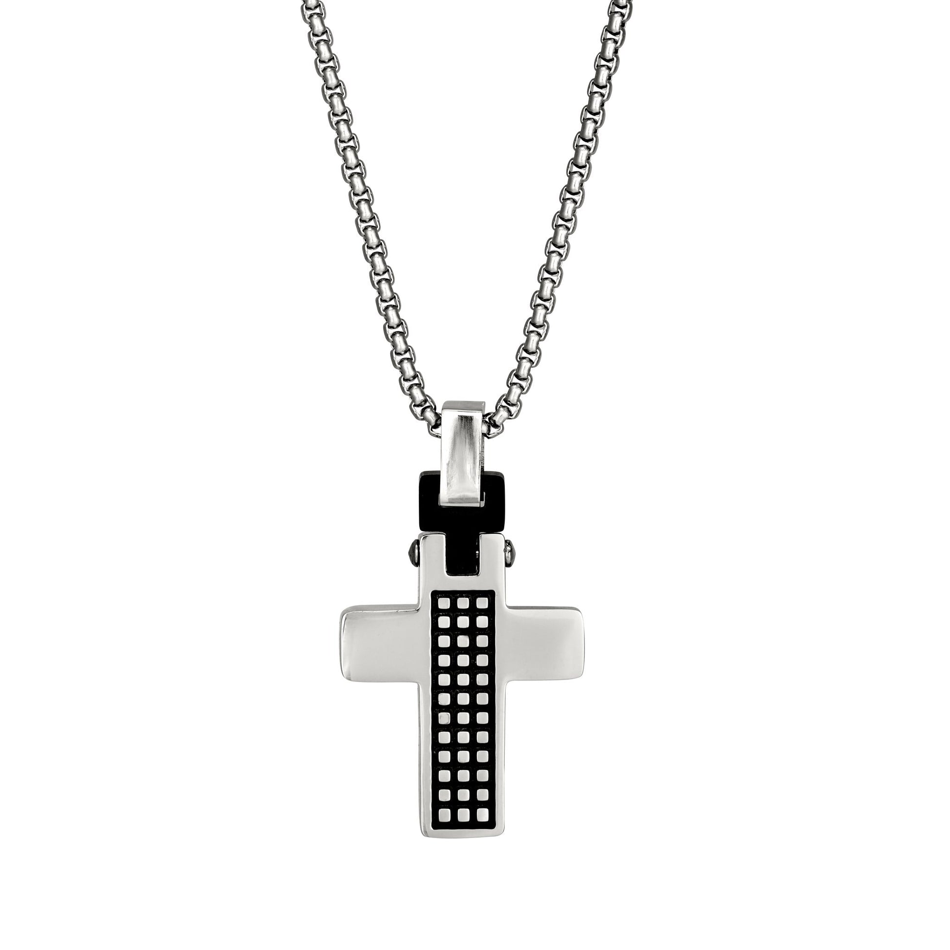 A stainless steel small cross with checker board center on 20" chain displayed on a neutral white background.