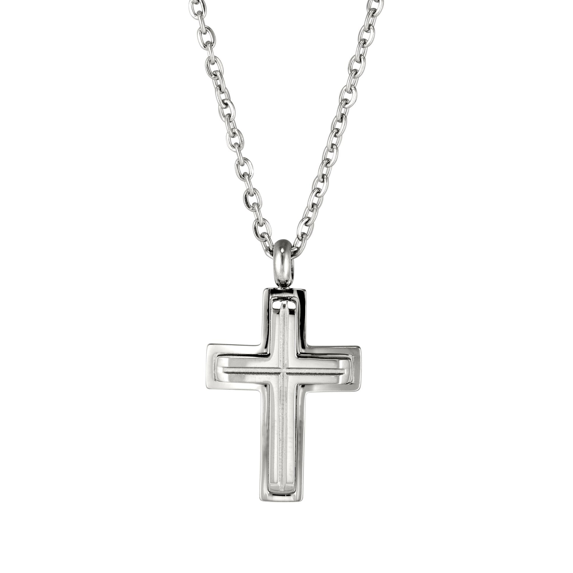 A stainless steel small cross with raised center on 20" chain displayed on a neutral white background.