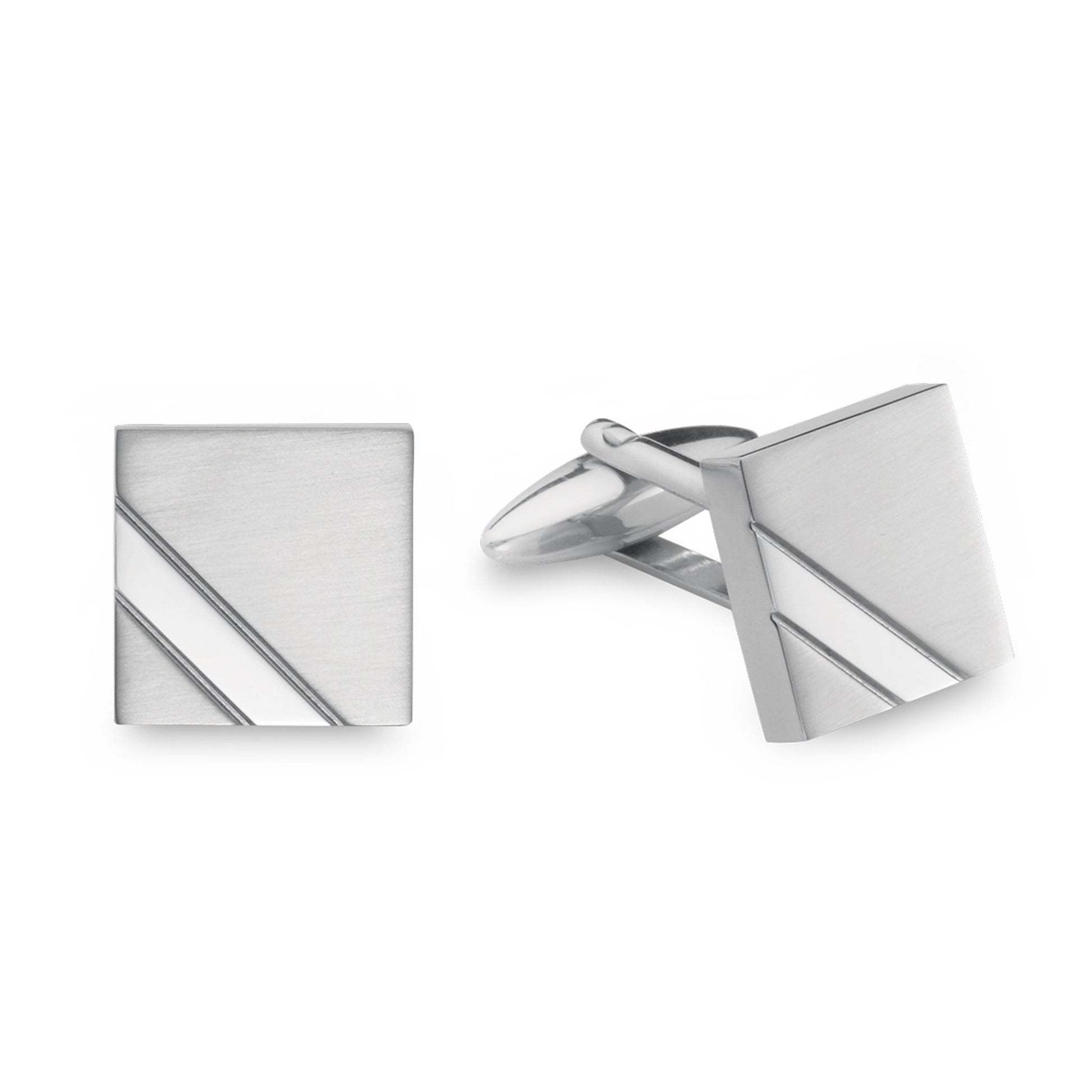 A stainless steel square geometric angle stripe cufflinks displayed on a neutral white background.