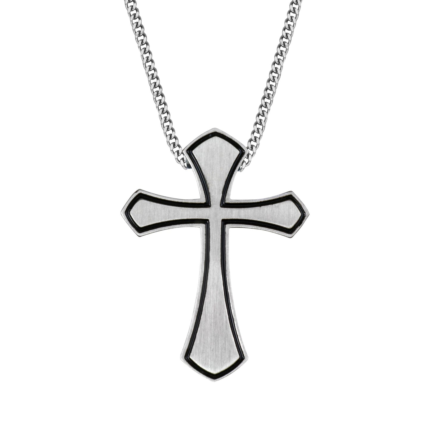 A stainless steel cross with black border accent on 24" chain displayed on a neutral white background.