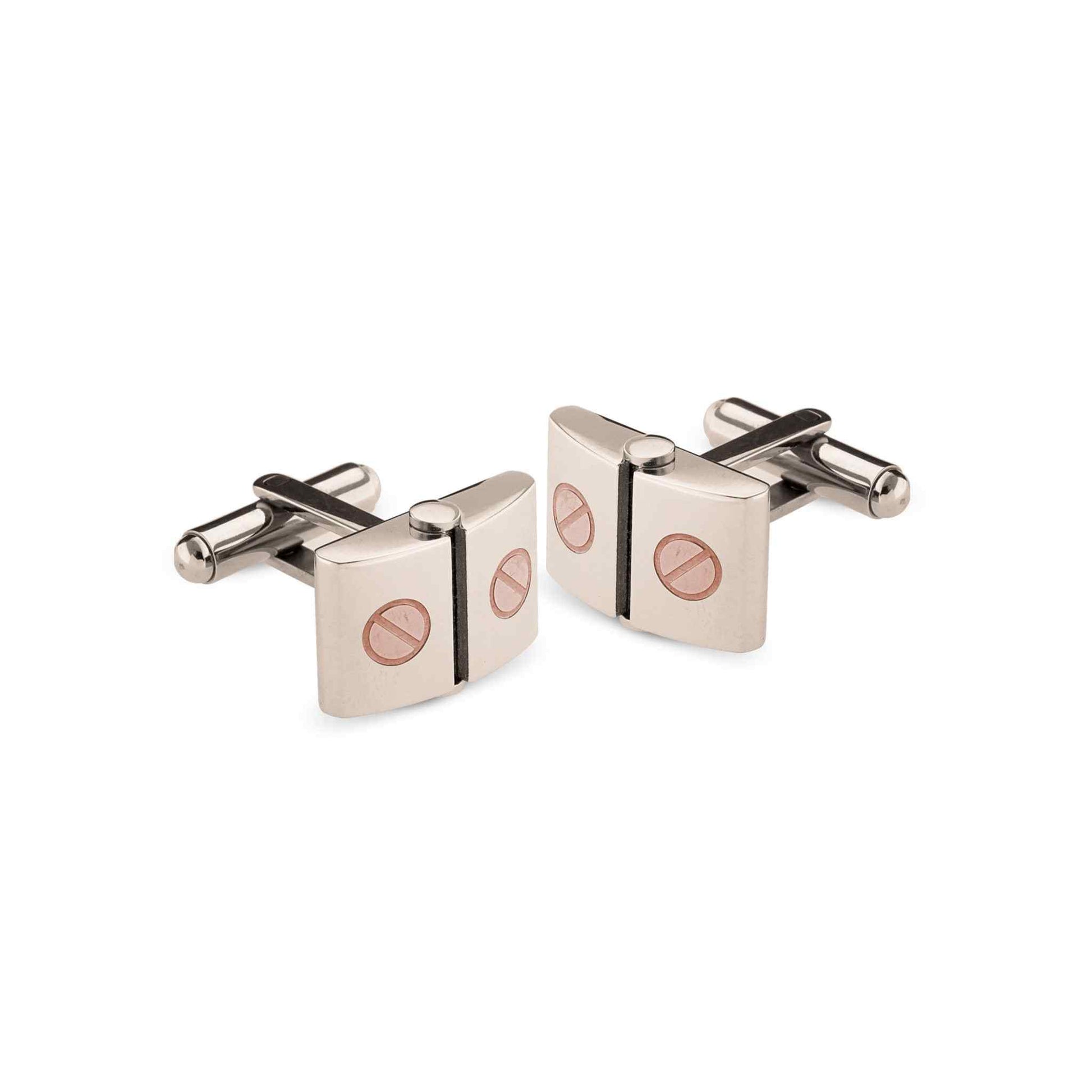 A stainless steel two tone rose gold pvd cufflinks displayed on a neutral white background.