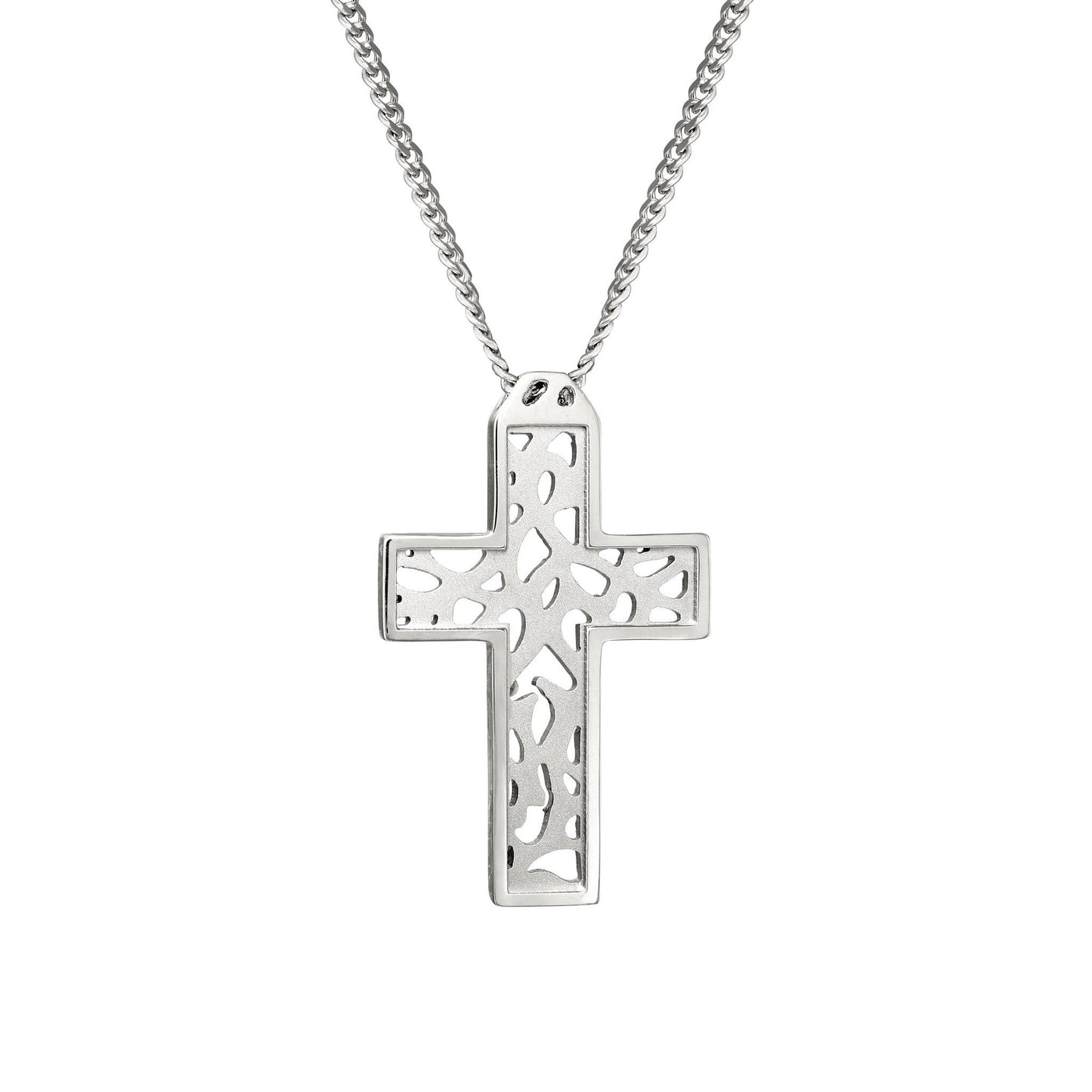 A stainless steel cutout pattern men's cross necklace displayed on a neutral white background.