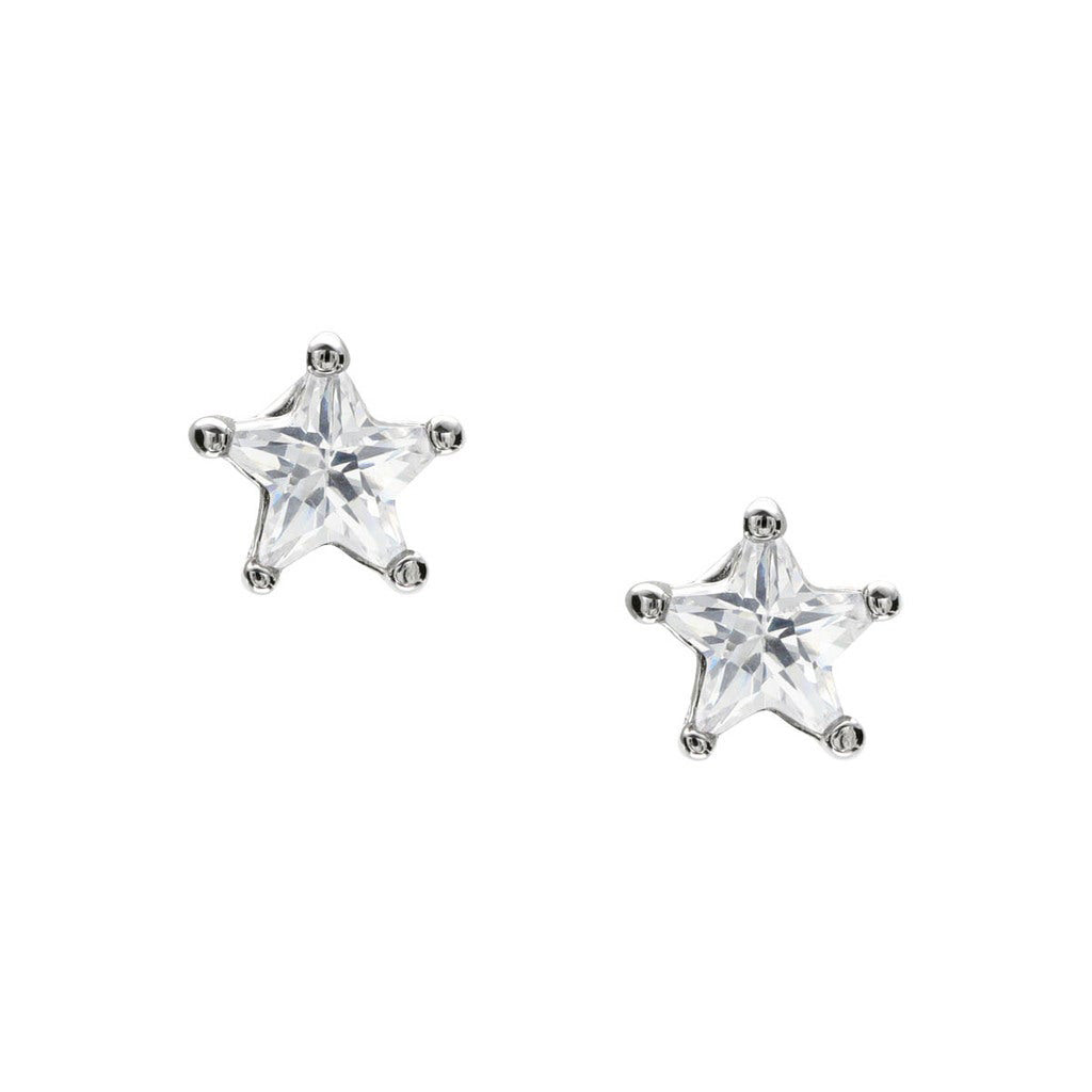 A star cut simulated diamond earrings displayed on a neutral white background.