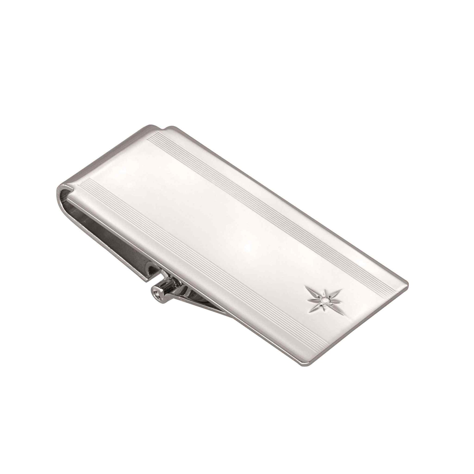A star cut money clip with .01ctw genuine diamond displayed on a neutral white background.
