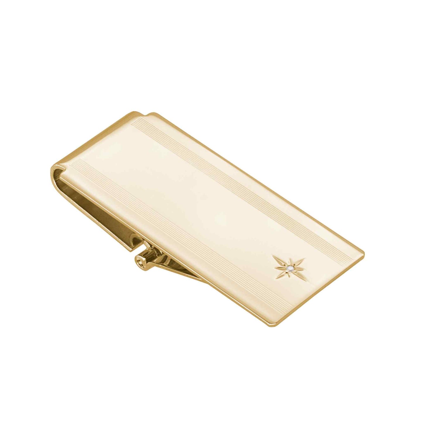 A star cut money clip with .01ctw genuine diamond displayed on a neutral white background.