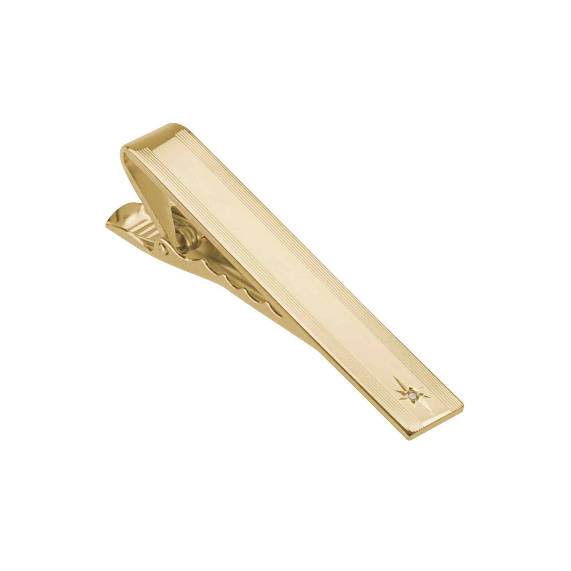 A star cut tie bar with .01ctw genuine diamond displayed on a neutral white background.