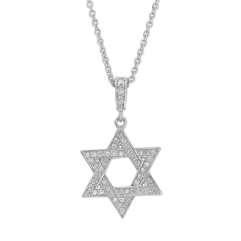 A star of david necklace with simulated diamonds displayed on a neutral white background.