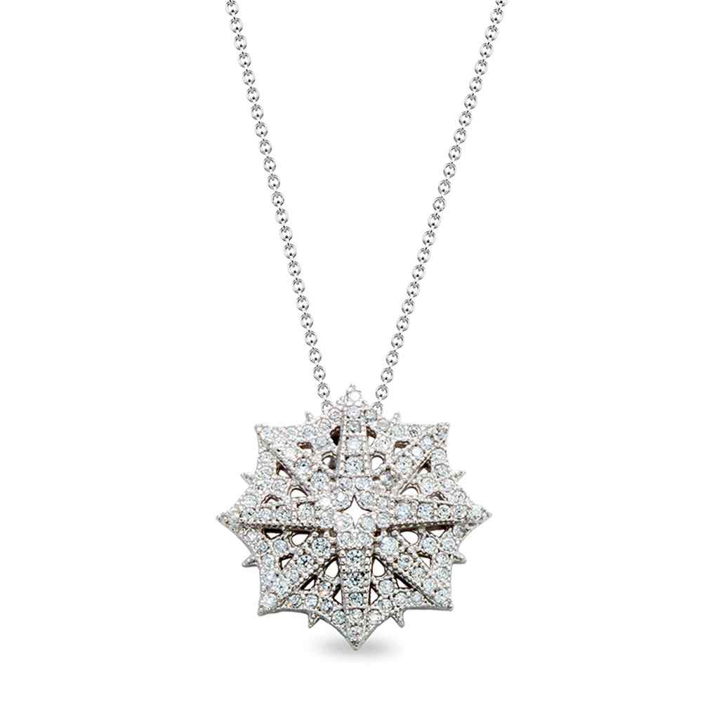 A star shaped snowflake pendant with 92 simulated diamond displayed on a neutral white background.