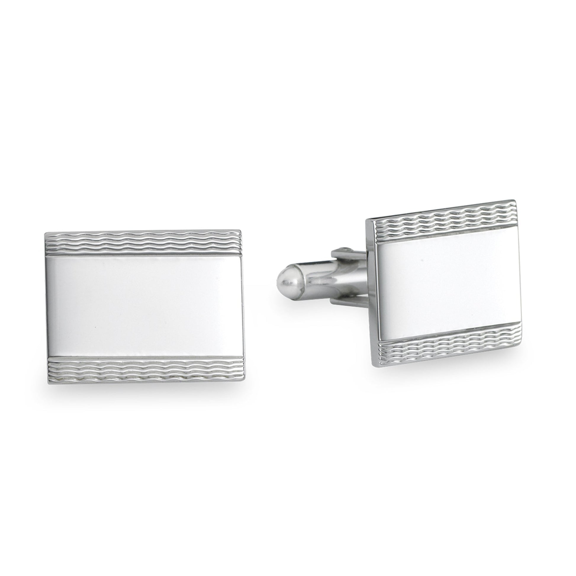A sterling silve engine-turned rectangle cufflinks displayed on a neutral white background.