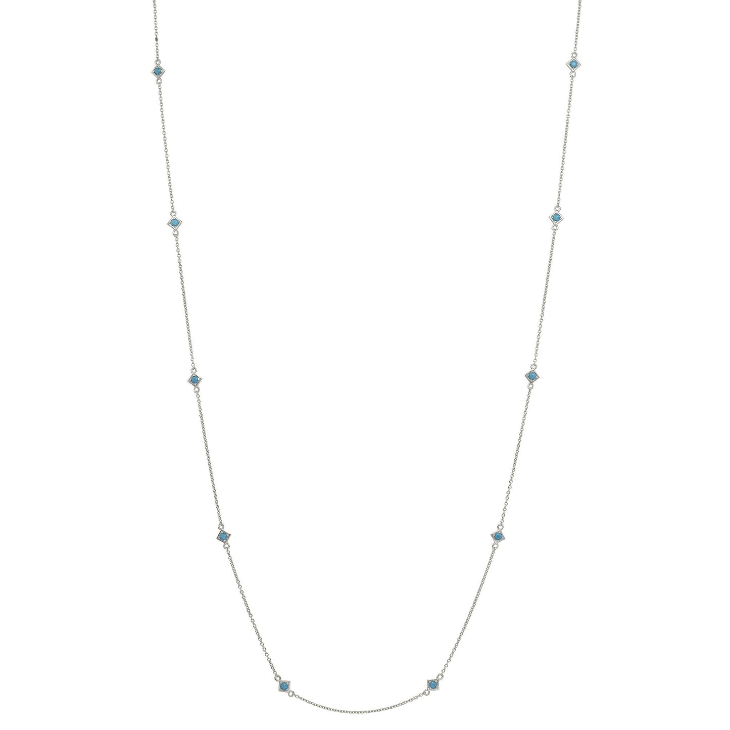 A sterling silver 60" turquoise tin cup necklace displayed on a neutral white background.