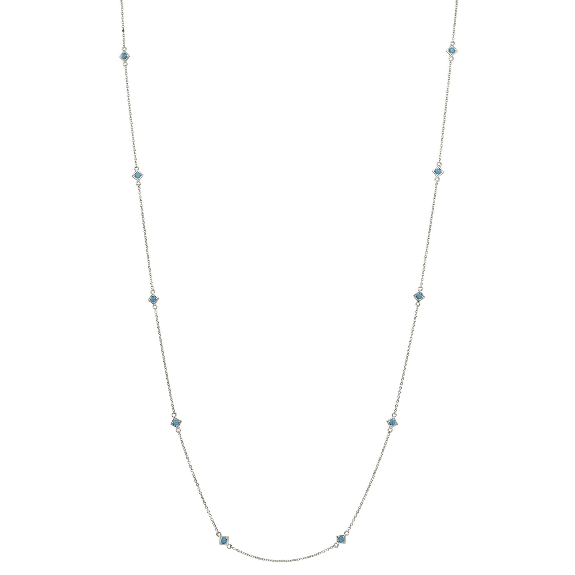 A sterling silver 60" turquoise tin cup necklace displayed on a neutral white background.