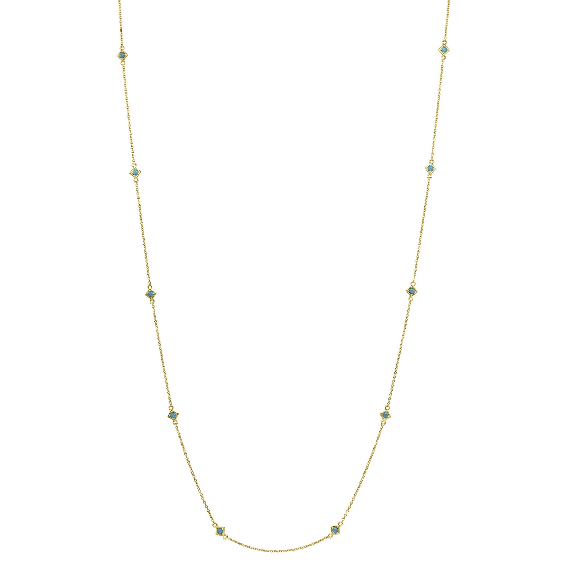 A sterling silver 60" turquoise tin cup necklace displayed on a neutral white background.