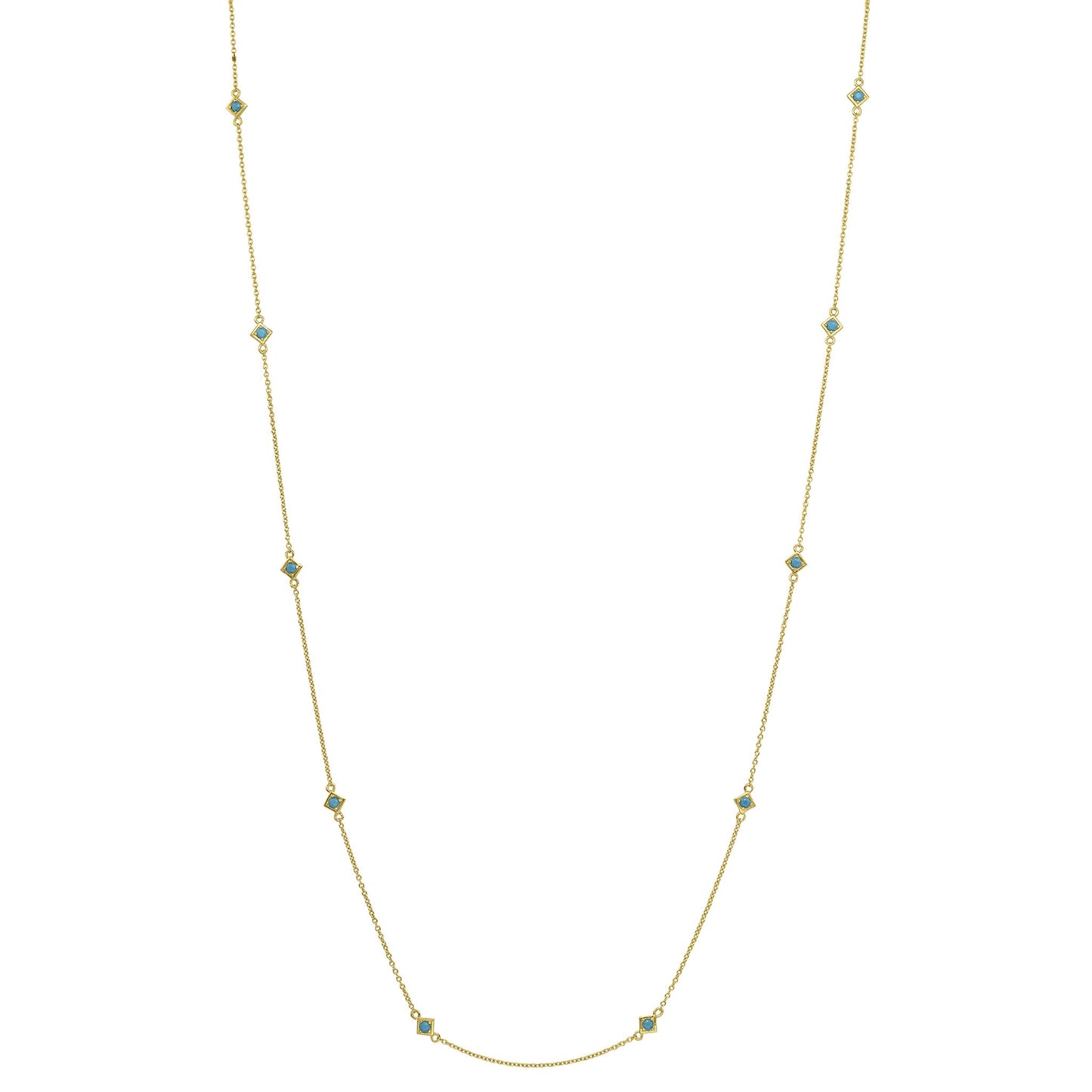 A sterling silver 60" turquoise tin cup necklace displayed on a neutral white background.