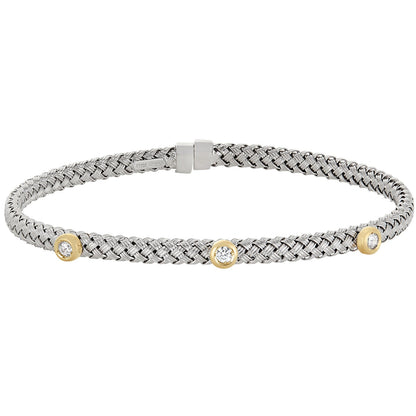 A basketweave sterling silver bracelet with triple simulated diamonds displayed on a neutral white background.
