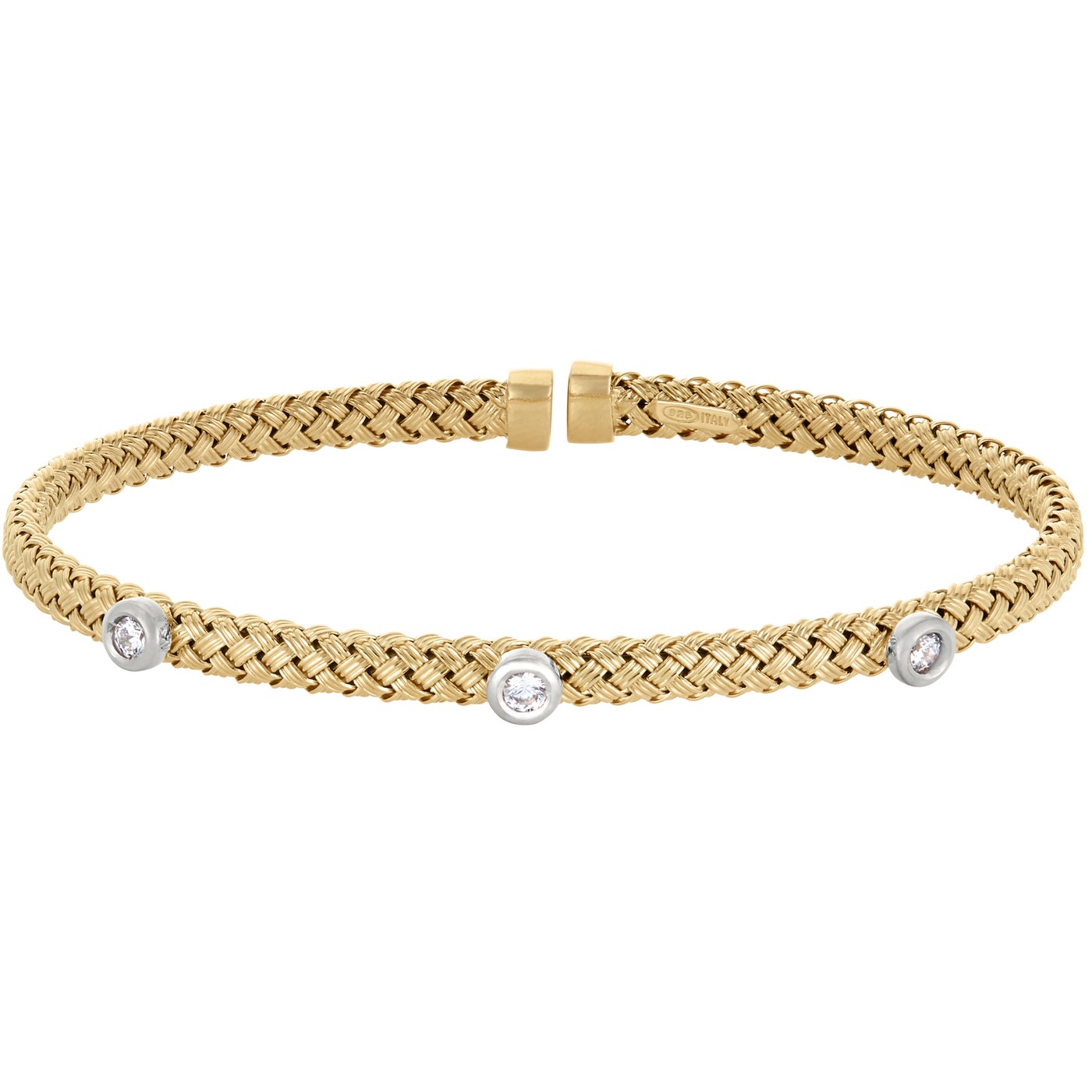 A basketweave sterling silver bracelet with triple simulated diamonds displayed on a neutral white background.