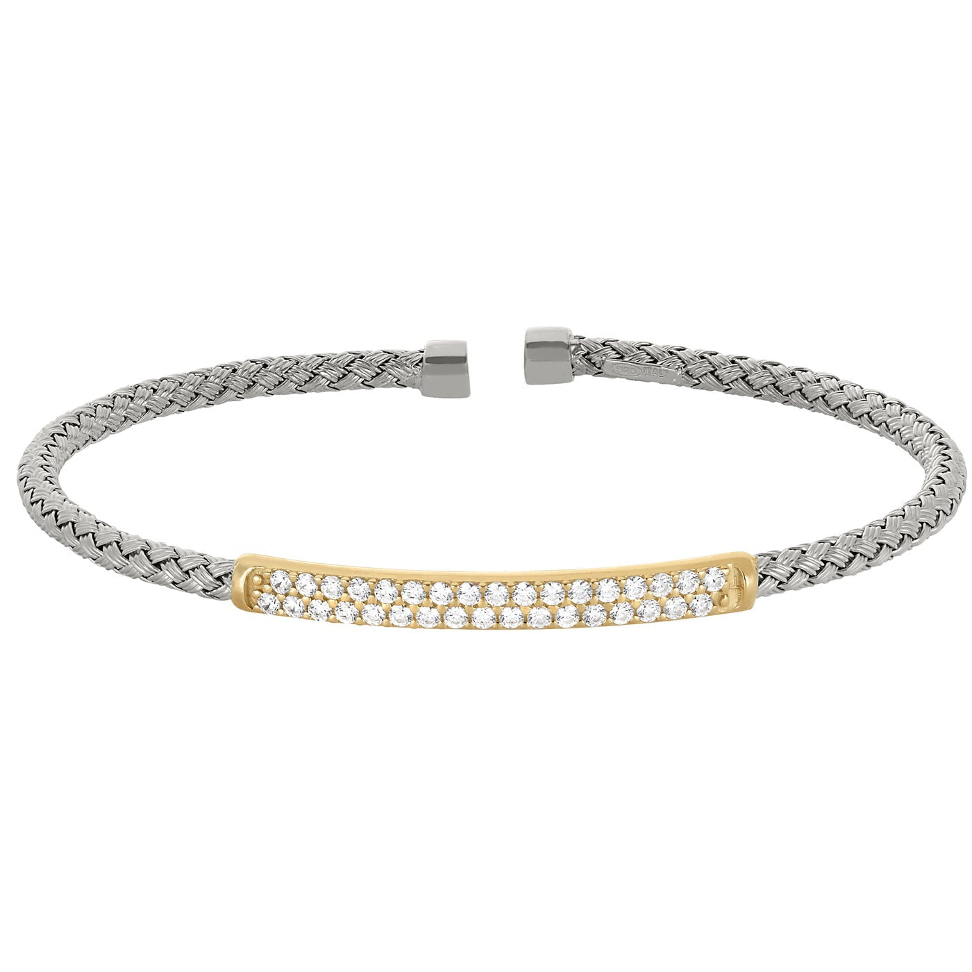 A basketweave sterling silver bracelet with double rows of simulated diamonds displayed on a neutral white background.