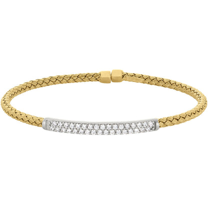 A basketweave sterling silver bracelet with double rows of simulated diamonds displayed on a neutral white background.